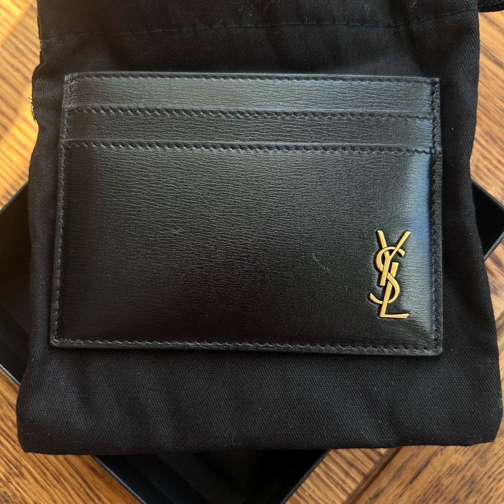 Yves Saint Laurent Black Leather Card Case with Gold YSL Monogram